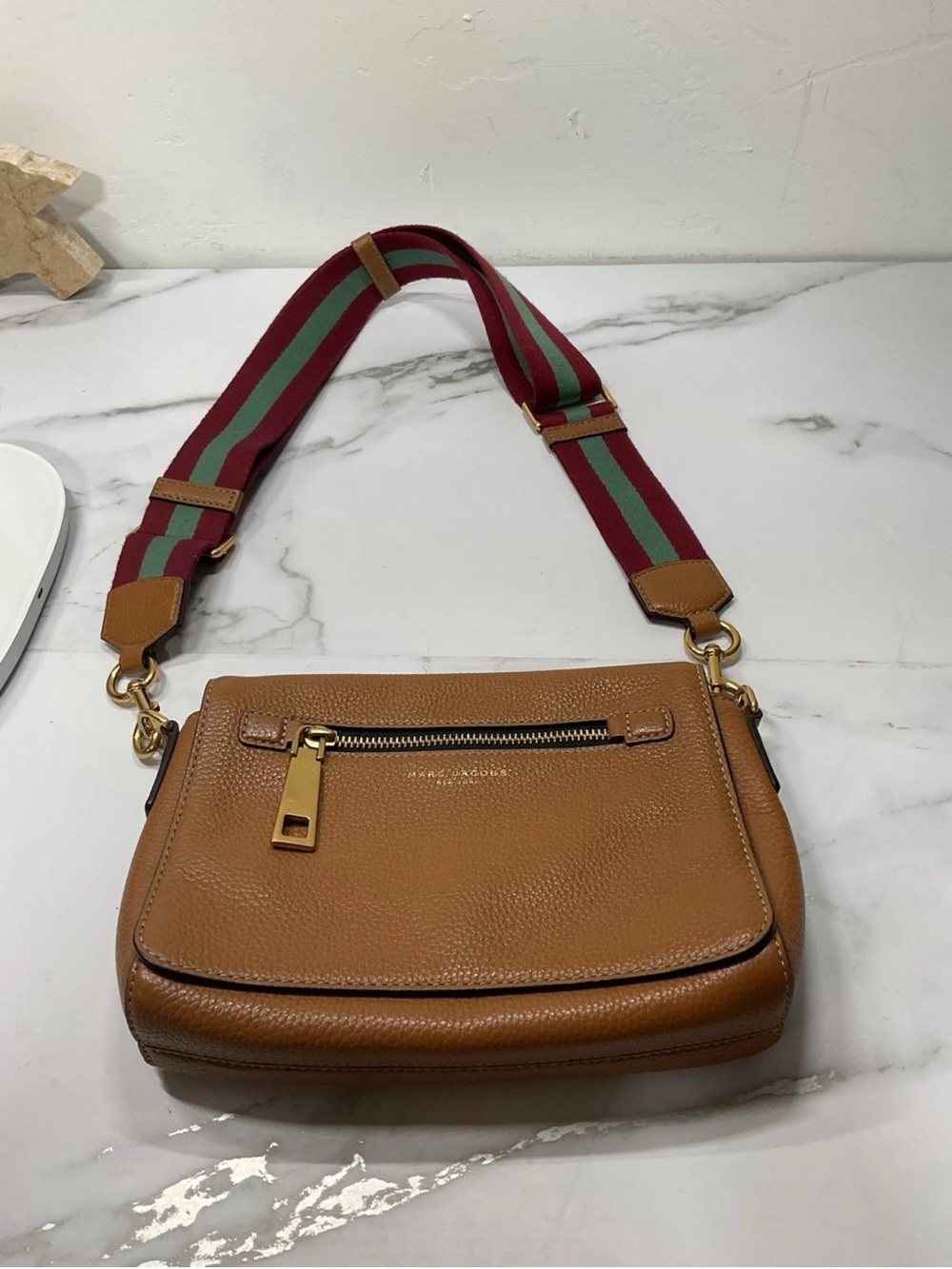 Marc Jacobs Tan Pebbled Leather Crossbody with Red and Green Striped Strap - Picture 2 of 12